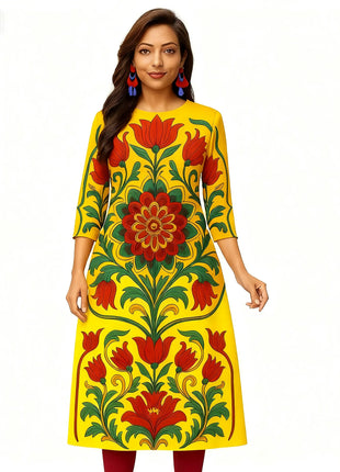 Dress Kurtta Women Fashionable Straight Tube Casual Bright Slit hem Flowers Patterns Robe Arabe Robe Abito Donna Musulmana