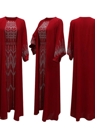 Eid Muslim Party Dress for Women Fake 2 Piece Diamond Ramadan Abaya Belt Flare Sleeve Kaftan Vestidos Largos Dubai Robe Jalabiya