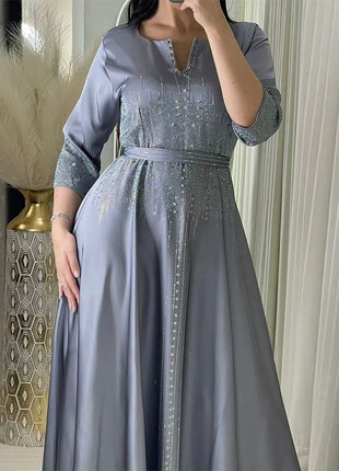Eid Satin Dress for Women Diamond Muslim Ramadan Party Abaya Long Dress Belt Kaftan Vestidos Largos Dubai Robe Jalabiya 2024
