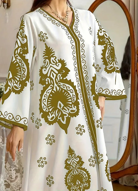 Long Dress Abayas Women Eid Muslim Dresses Bronzing Print V Neck Jalabiya Arab Morocco Dubai Kaftan 2025 Vestidos Ramadan Robe