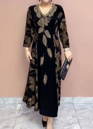 Female Clothing Elegant V-Neck Dresses Autumn Winter Casual A-Line Waist Vintage Printing Commute Fashion Diamonds Long Dress