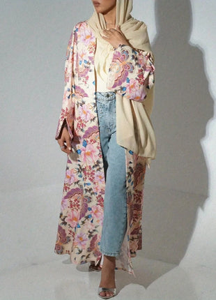 Middle Eastern Women Loose Abaya Muslim Full Sleeve Printed Floral Open Front Abayas Jilbabs Islamic Maxi Dresses Turkey Kaftans