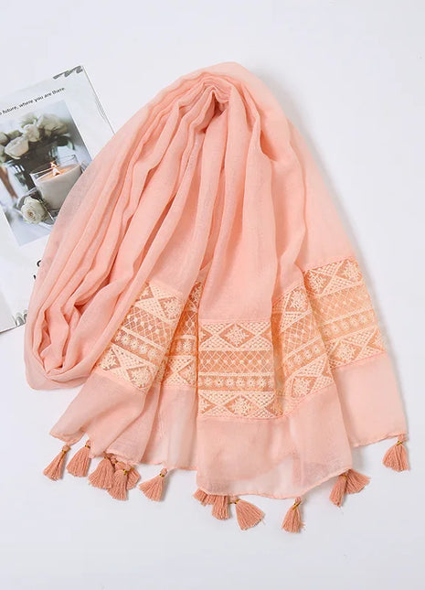 Women Fashion Plain Lace Floral Patchwork Viscose Shawl Scarf Luxury Brand Laser Cut Long Size Bufandas Muslim Hijab Wrap Snood