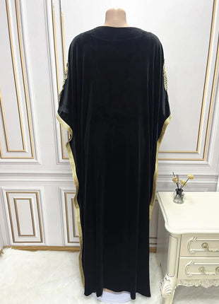 Ramadan Luxury Muslim Fashion Bat Sleeve Moroccan Turkiye Dubai Dress Middle East Arab Dress Sequins Golden Velvet Long Dress