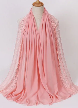 Women Hijabs Muslim Scarf Summer New Pearl Chiffon Lace Solid Color Lady Head Scarf Malaysia Tourism Shawl Turban Wrap Wholesale