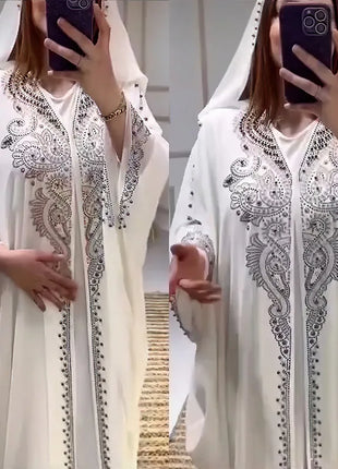Eid Muslim Dress for Women Hooded Abaya 2 Piece Set Diamond Jalabiya Morocco Party Dresses Dubai Abayas Kaftan Vestido Long Robe