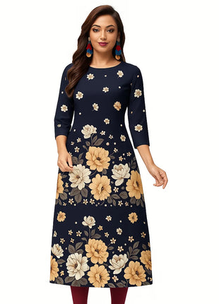 Muslim Women's Kurt Fashionable And Elegant Flowers Straight Tube Casual Comfortable Dress 2026 Abito Donna Musulmana Slit hem
