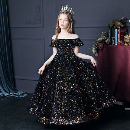Girl's Western Style Evening Dress Flower Girl Sequined Catwalk Host Piano Performance Princess Dress