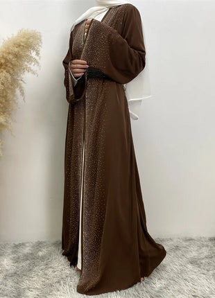 Hot Selling Ramadan Rhinestone Cardigan Islamic Dresses With Pockets Kebaya Muslim Kimono Abaya Dubai Modest Clothing Women EID