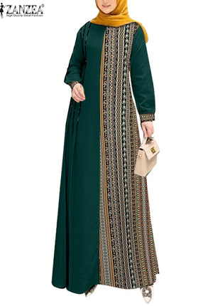 ZANZEA Women Ethnic Printed Panels Maxi Dress Long Sleeve Hijab O Neck Muslim Islamic Patchwork Vestidos Loose Casual Abaya Robe