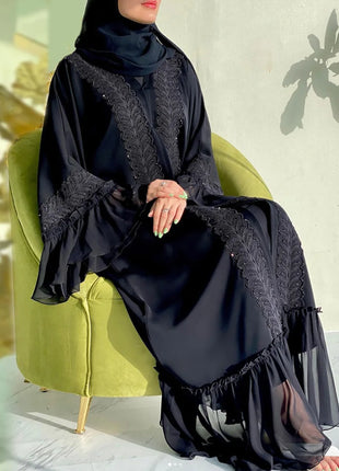 Fashion Lace Stitching Muslim Abaya Dubai Full Length Flare Sleeve Lace Abaya Dubai Turkey Muslim Islam Robe With Belt WY1391