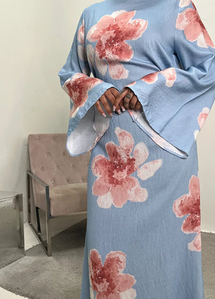 Arabesque Bell Sleeve Flowy Maxi Abaya Dress Elegant Floral Print Muslim Modest Long Dress Islamic Vacation Outfit Summer Robe