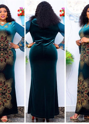 Customized African Dresses For Women Velvet Design Dashiki Beading Abaya Bandage Maxi Bazin Vintage Robe Gowns Africa Sexy Lady