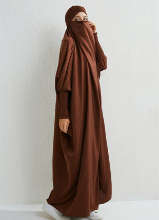 Muslim Abaya Hooded Smocking Sleeve One-piece Prayer Dress Women Jilbab Islamic Clothing Dubai Saudi Black Robe Turkish Modesty