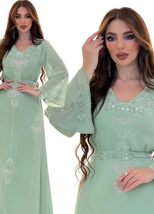 Women's Long Sleeve Polyester Abaya — Diamond Detail V-Neck Dress