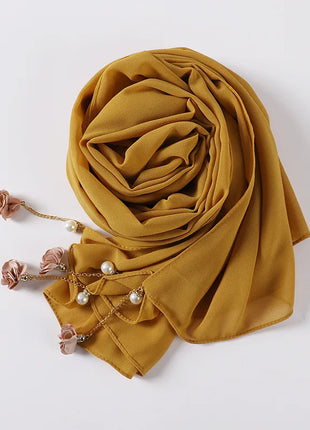 Fashion Flowers Pearl Tassel Chiffon Long Scarf Hijabs Elegant Womens Party Turban Headwear Solid Color Headscarf Shawls Scarves