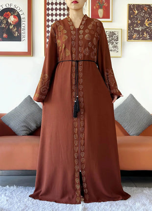 2024 Women Party Dress Chiffon Open Abaya Golden Stones Muslim Women Dress Islamic Clothing Cardigan Abaya Women Muslim Dress