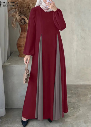ZANZEA Women Color Block Patchwork Maxi Dress Fake Two-Piece Islamic O Neck Muslim Long Dresses Long Sleeve 2024 Fall Abaya Robe