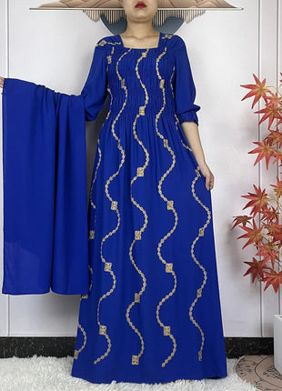 New African Abaya Women Elegant Dress Collect Waist Straight Cotton Embroider Dress Loose Caftan Femme Clothing Islamic Dresses