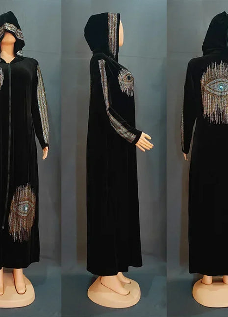 2023 African Dresses for Women Spring Autumn African Women Long Sleeve V-neck Velvet Sequined Long Robes African Clothes Women