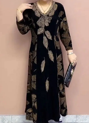Female Clothing Elegant V-Neck Dresses Autumn Winter Casual A-Line Waist Vintage Printing Commute Fashion Diamonds Long Dress