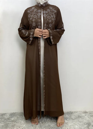 Diamond for Muslim Women Chiffon Open Cardigan Abaya Kimono Maxi Dress Turkey Dubai Arab Kaftan Eid Party Morocco Gowns Jalabiya