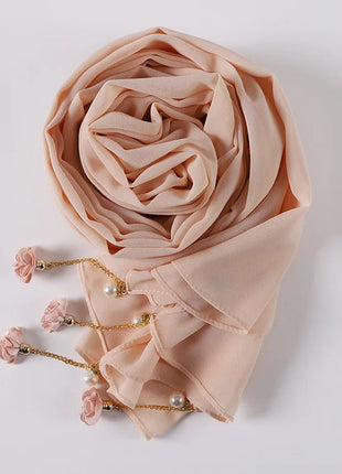 Fashion Flowers Pearl Tassel Chiffon Long Scarf Hijabs Elegant Womens Party Turban Headwear Solid Color Headscarf Shawls Scarves