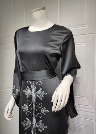 Elegant Satin Evening Gown Muslim Dress Women Abaya Long Sleeve Turkish Dresses Stylish Diamond Women Maxi Dress Dubai Kaftan