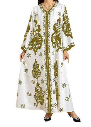 Long Dress Abayas Women Eid Muslim Dresses Bronzing Print V Neck Jalabiya Arab Morocco Dubai Kaftan 2025 Vestidos Ramadan Robe