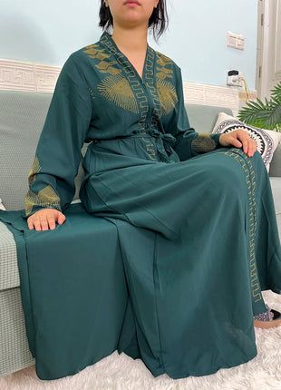 Muslim Chiffon Abayas For Women 2024 Dubai Islam Loose Fit  Femme Robe Long Sleeved Diamond Studded Solid Color With Belt Turban