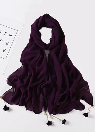 Fashion Flowers Pearl Tassel Chiffon Long Scarf Hijabs Elegant Womens Party Turban Headwear Solid Color Headscarf Shawls Scarves