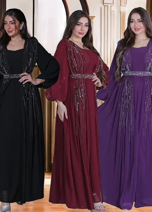 Women Long Loose Maxi Dress Muslim Dubai Women's Clothing Hot Diamond Belt Robe Dinner Dress