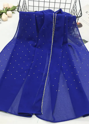 High Quality Rhinestone Chain Pearl Chiffon Long Scarf Hijabs Elegant Dubai Muslim Womens Party Wrapped Turban Shawls Headwear