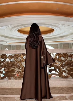 Muslim Women Abaya Dress 2 Piece Set Butterfly Satin Lace-up Morocco Caftan Inner Dress Musulman Ensembles Cadigan Outfit Suits