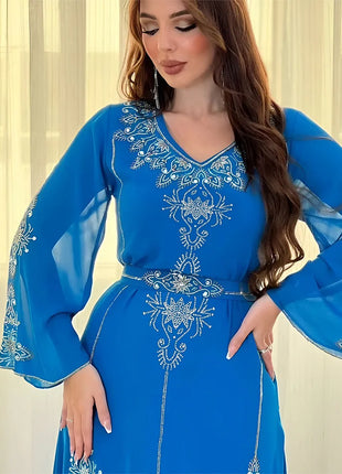 Women's Long Sleeve Polyester Abaya — Diamond Detail V-Neck Dress