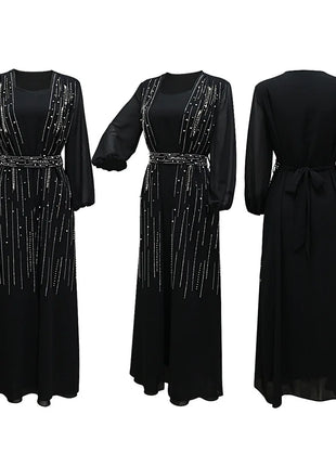 Women Long Loose Maxi Dress Muslim Dubai Women's Clothing Hot Diamond Belt Robe Dinner Dress