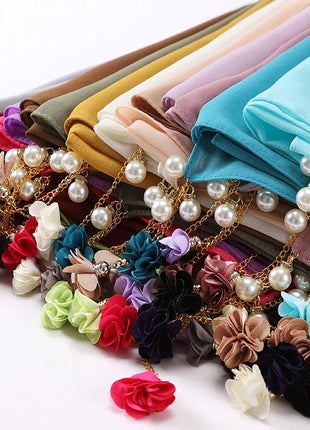 Fashion Flowers Pearl Tassel Chiffon Long Scarf Hijabs Elegant Womens Party Turban Headwear Solid Color Headscarf Shawls Scarves