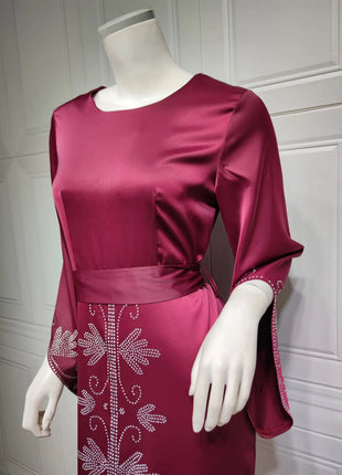 Elegant Satin Evening Gown Muslim Dress Women Abaya Long Sleeve Turkish Dresses Stylish Diamond Women Maxi Dress Dubai Kaftan