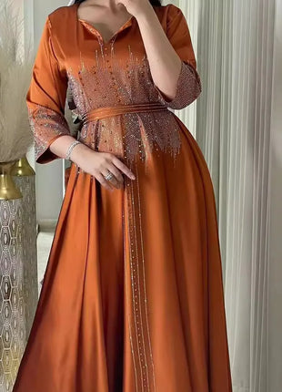 Muslim Satin Dress for Women Fashion Diamond Evening Dress Abaya Dubai Dinner Robe Muslim Dress Women Clothes for Muslim Women