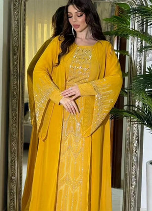 Eid Muslim Party Dress for Women Fake 2 Piece Diamond Ramadan Abaya Belt Flare Sleeve Kaftan Vestidos Largos Dubai Robe Jalabiya