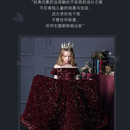 Girl's Western Style Evening Dress Flower Girl Sequined Catwalk Host Piano Performance Princess Dress