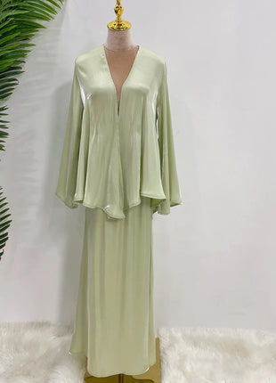 Ramadan Satin Abaya Dubai Turkey Islam Muslim Modest Dress Sets Prayer Clothes For Women Kaftan Robe Femme Musulmane