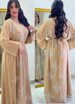 Eid Morocco Party Dress Women Muslim Abaya Diamond Ramadan Chiffon Dubai Abayas Kaftan Elegant Robe Vestidos Turkey Gown 2023