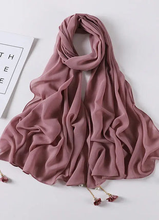 Fashion Flowers Pearl Tassel Chiffon Long Scarf Hijabs Elegant Womens Party Turban Headwear Solid Color Headscarf Shawls Scarves