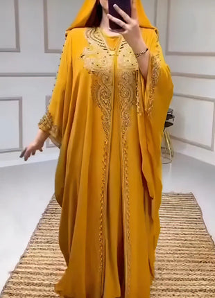 Eid Muslim Dress for Women Hooded Abaya 2 Piece Set Diamond Jalabiya Morocco Party Dresses Dubai Abayas Kaftan Vestido Long Robe