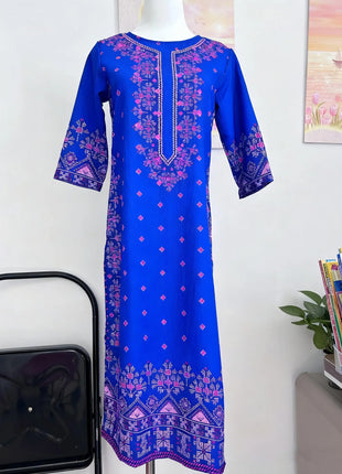 Muslim Women Kurt Casual Dress Slit hem Straight Casual Ethnic Turkish Abaya Mandarin Flowers Regular Size 3D Design Suitable