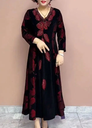 Female Clothing Elegant V-Neck Dresses Autumn Winter Casual A-Line Waist Vintage Printing Commute Fashion Diamonds Long Dress