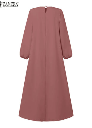ZANZEA Muslim Fashion Tiered Long Dresses Women Islamic Hijab Style Casual Long Sleeve O Neck Maxi Vestidos Solid Abaya Robes