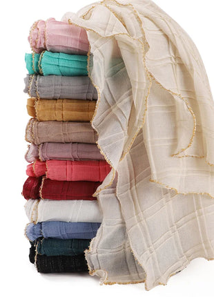 13 Color 80*180cm New Simple Silver Wire Wrinkle Plaid Solid Color Chain Gold Border Scarf Muslim Women Hijab Wrap Ramadan Islam