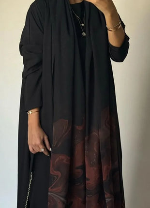 Middle Eastern Loose Open Front Abaya Muslim Women Full Sleeve Printed Abayas Turkey Kaftans Jilbabs Islamic Maxi Dresses